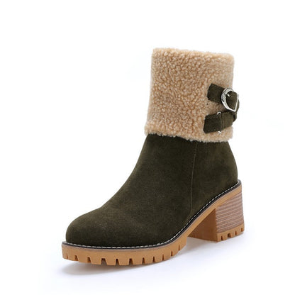 Women's thick heel leather buckle warm boots