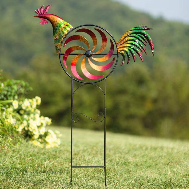 Bazorn Iridescent Rooster Wind Spinner Garden Decor