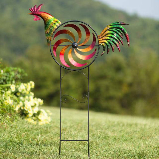 Bazorn Iridescent Rooster Wind Spinner Garden Decor