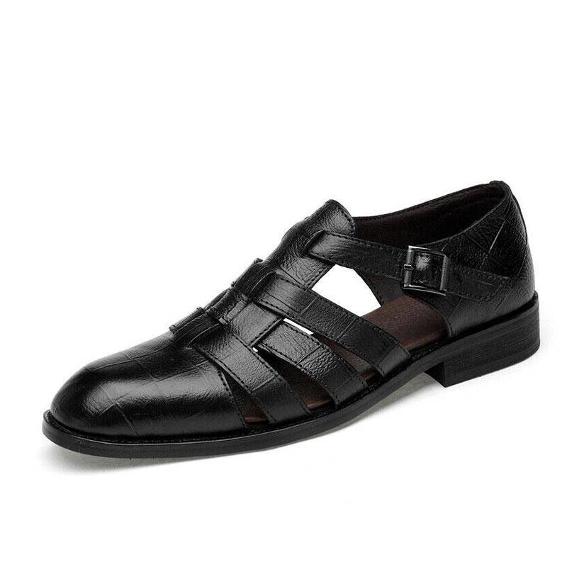 Bazorn Men's Business Casual Sandals Ankle Strap Flats Soft Leather Shoes