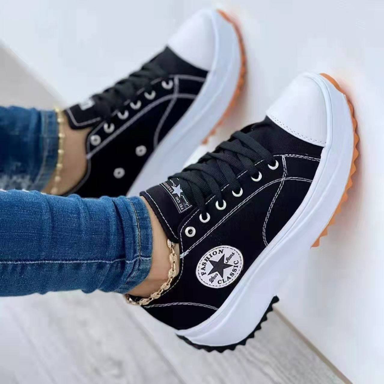Bazorn round toe lace-up platform arch support canvas shoes
