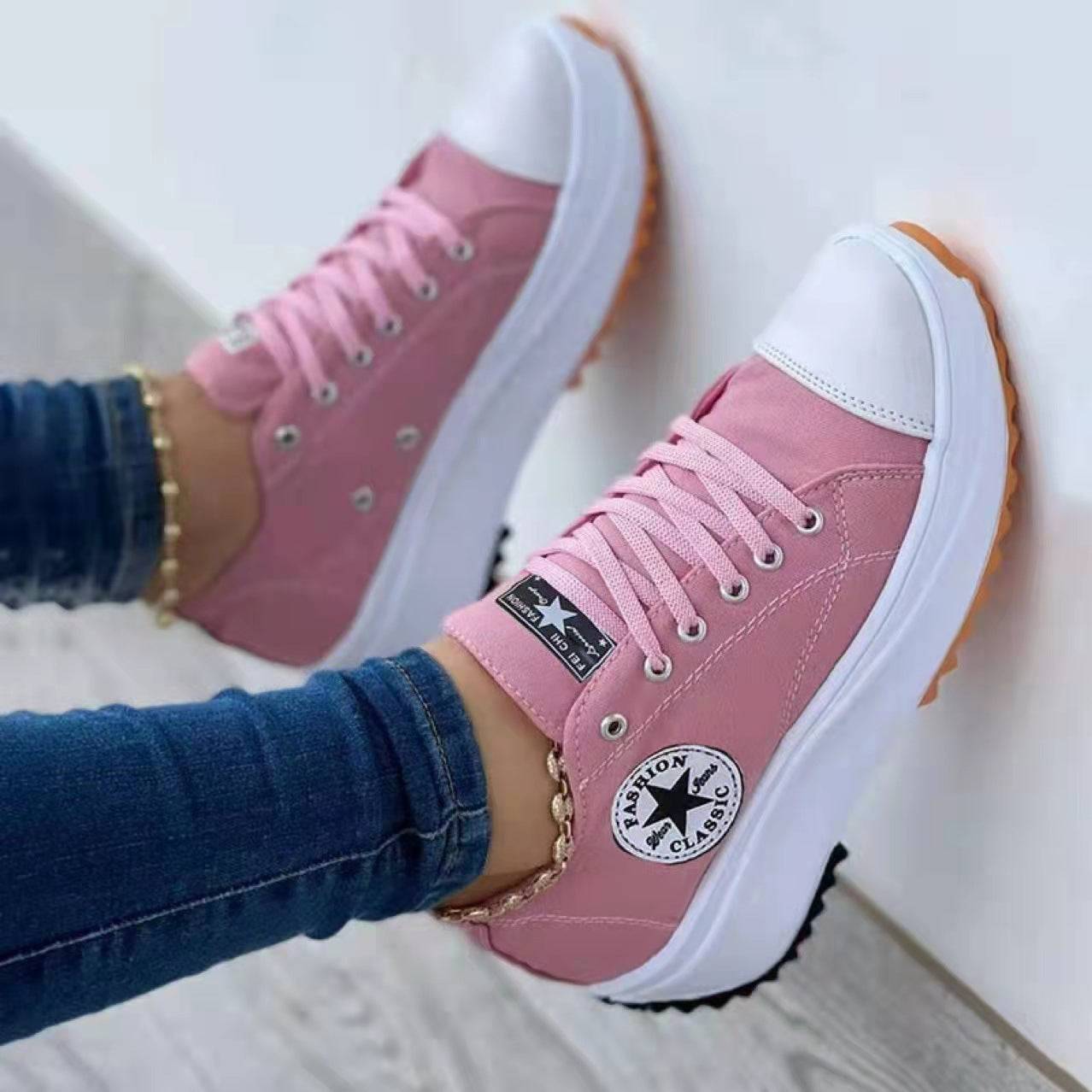 Bazorn round toe lace-up platform arch support canvas shoes