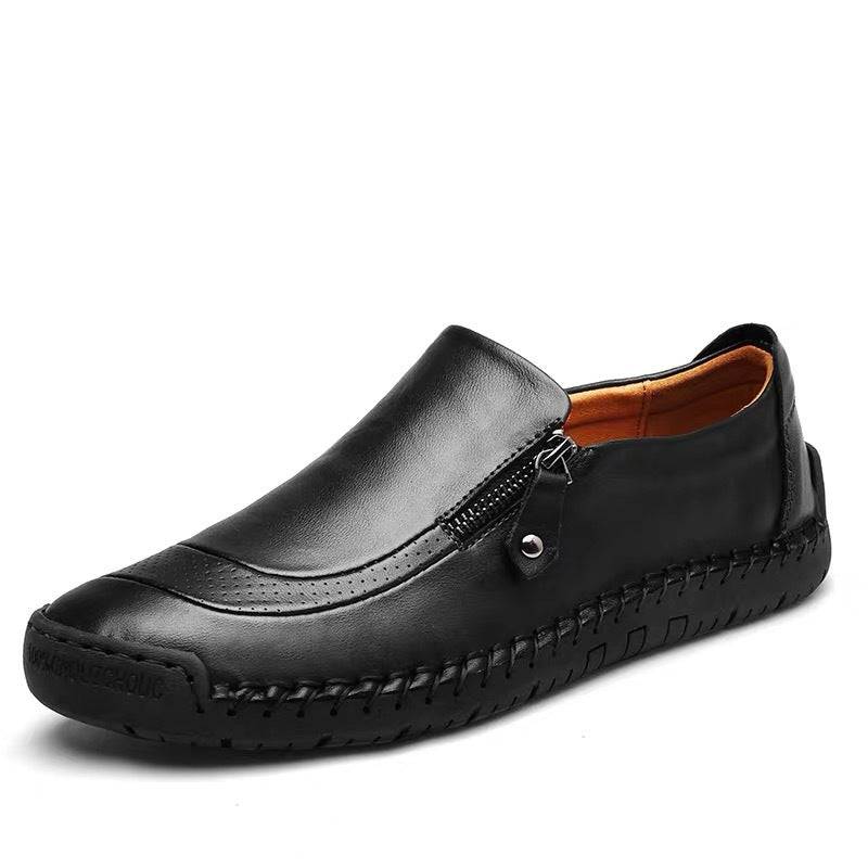 Bazorn Men Hand Stitching Zipper Slip-ons Leather Shoes