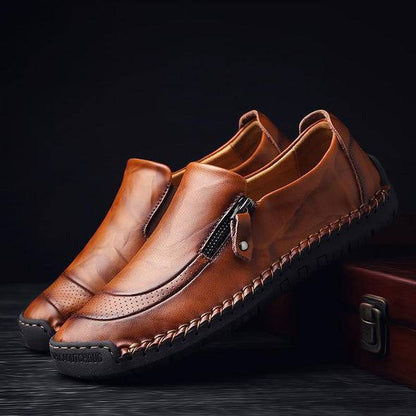 Bazorn Men Hand Stitching Zipper Slip-ons Leather Shoes