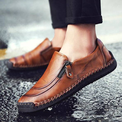 Bazorn Men Hand Stitching Zipper Slip-ons Leather Shoes